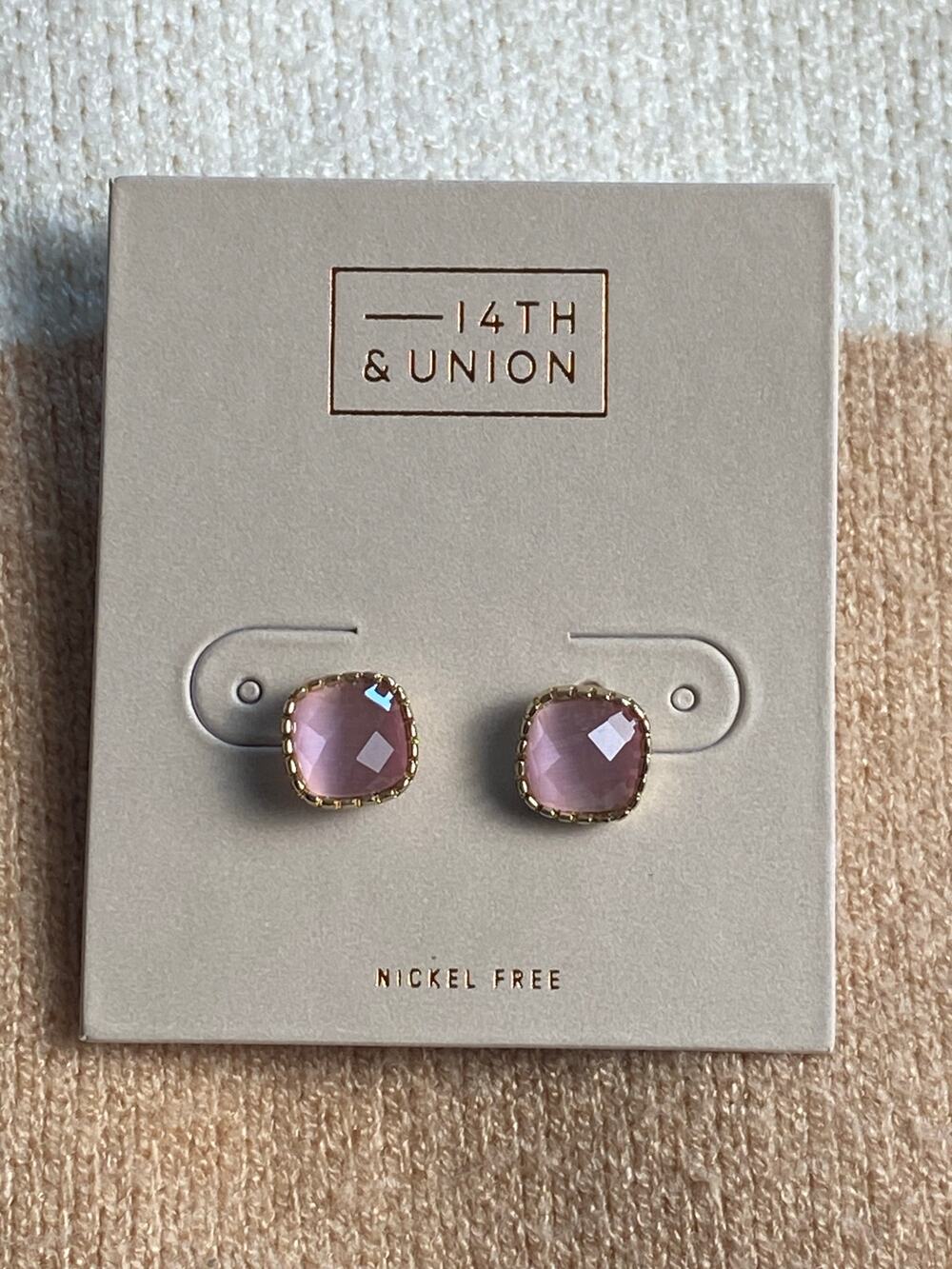 14 & Union Pink Glass Square Stud Earrings NWT